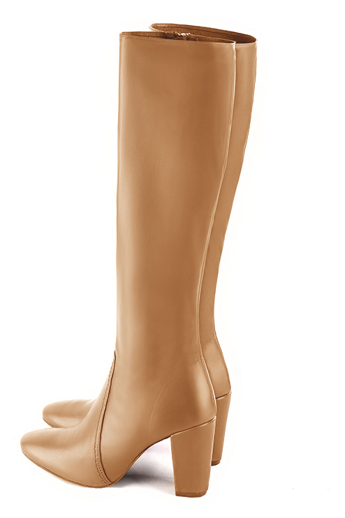 Camel beige women's feminine knee-high boots. Round toe. High block heels. Made to measure. Rear view - Florence KOOIJMAN